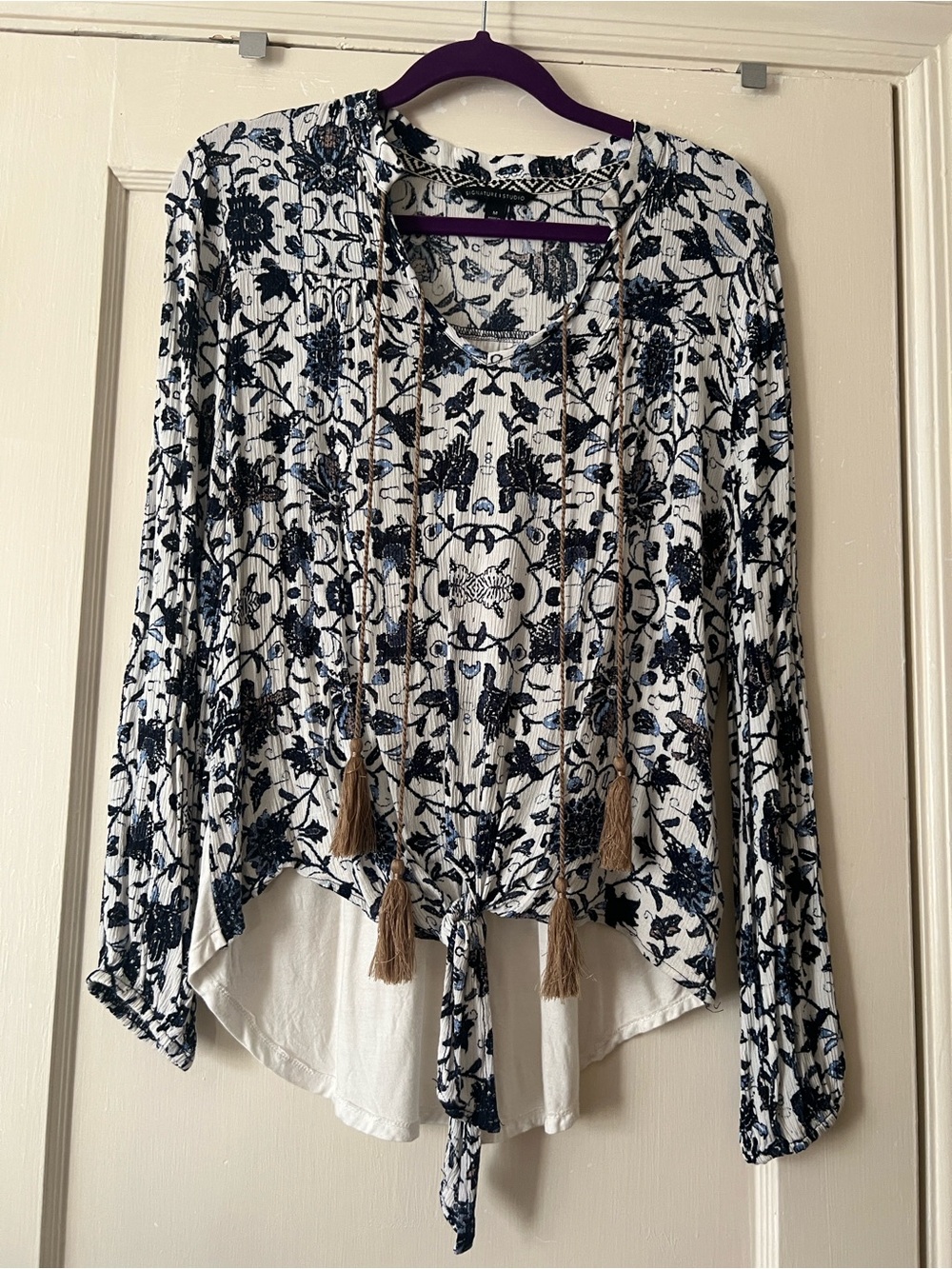 Boho Floral Tie-Front Long-Sleeve Top in Navy and Cream